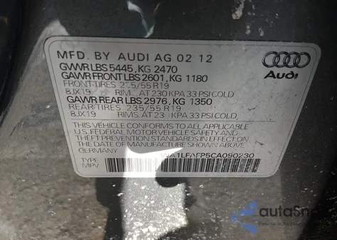 2012 Audi Q5 2.0T Premium from USA, damaged, VIN WA1LFAFP5CA090230